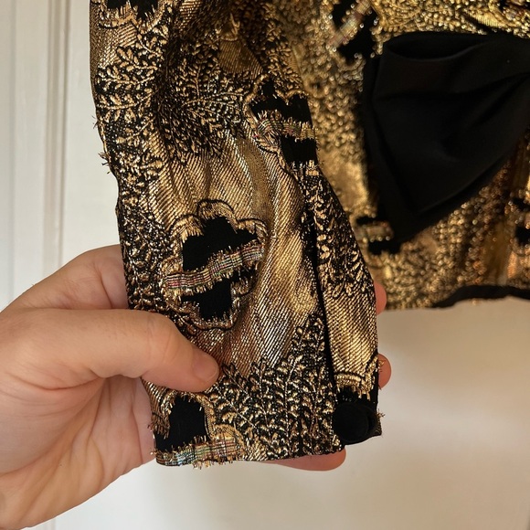 Vintage Gold Metallic Brocade Size M Evening Blouse Black Bow 80s Cocktail Top - Picture 5 of 10